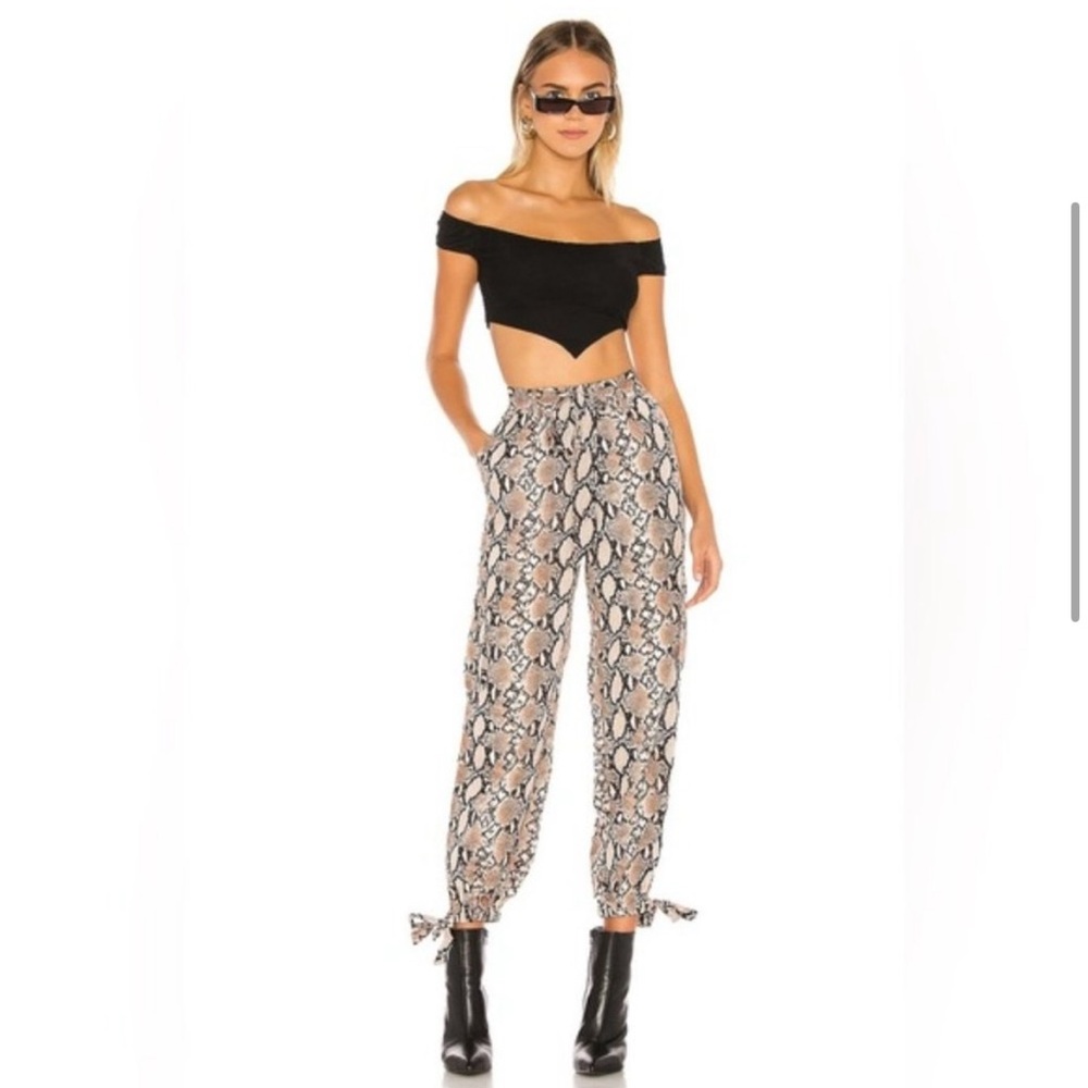 Revolve h:ours Simi Pants Tan Snake Print Trousers Cargo Belted High Rise Waist.